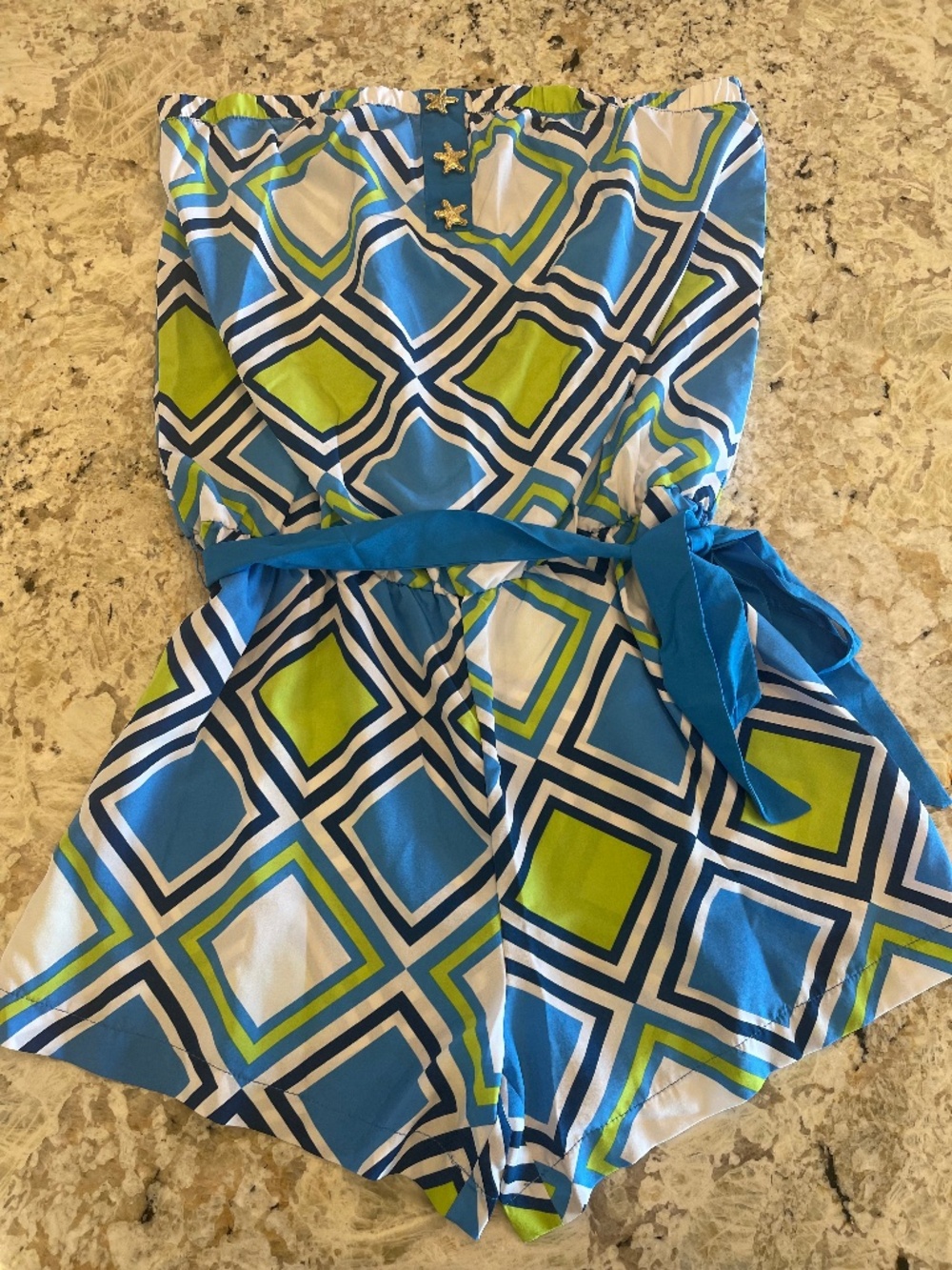 Mudpie Rowan Romper Womens L Blue Green Beach Vacation Starfish Summer Geometric